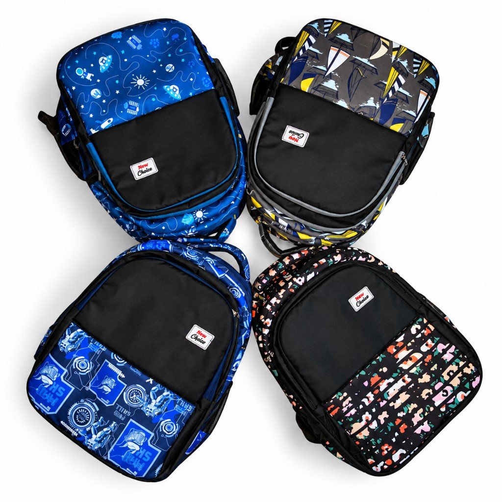 Four printed school backpacks