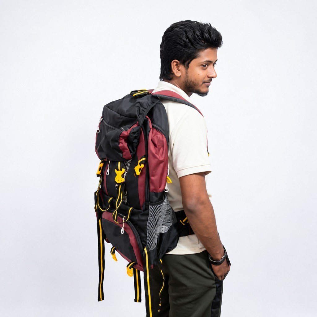 Maroon and black trekking backpack