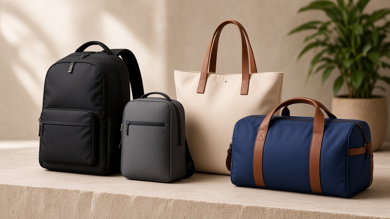 Black, grey, cream and navy bags arranged on a stone ledge